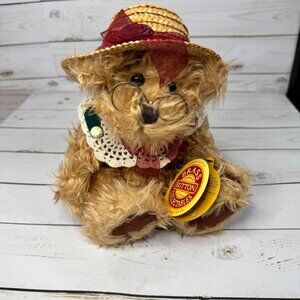 Rosie Bear Brass Button Collectables 10" Plush Bear Glass Hat Tags Vtg